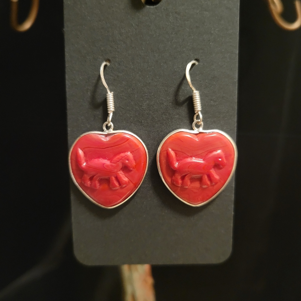 Red Coral Stone Imprinted Horse Earrings